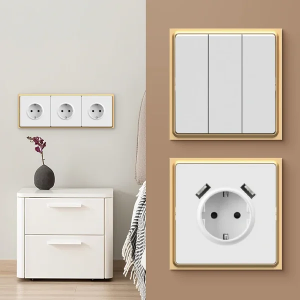 Promotion EU Socket PC Frame Germany Smart Home Durable 16A Mechanical Wall Plug with 2 Outlets & 4 USB Ports