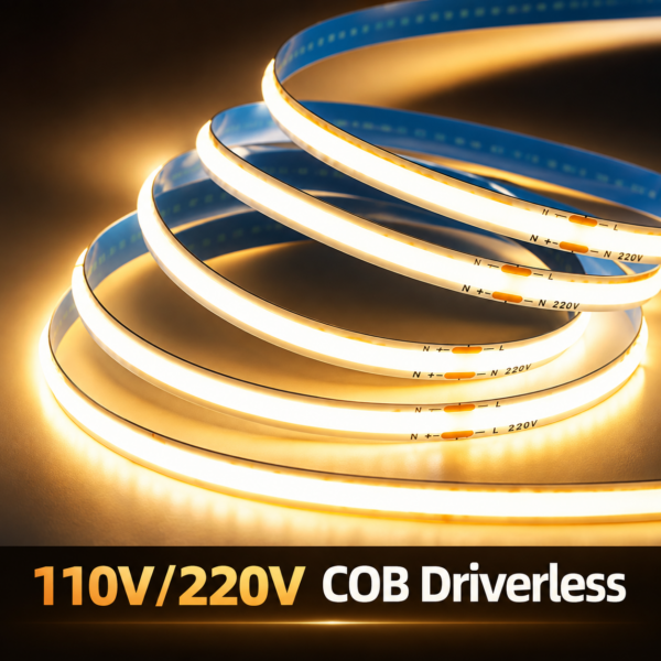 110V 220V 230V Driverless COB LED Strip Light  High Voltage Cuttable FCOB Flexible LED Tape for Indoor Commercial Lighting