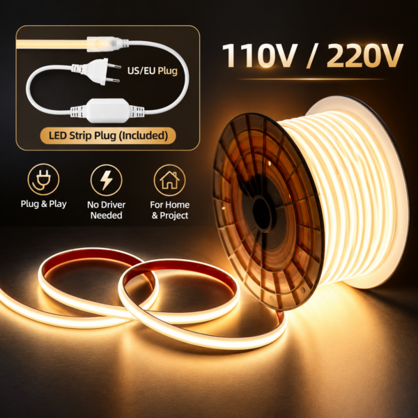 110V 220V COB LED Strip Light with Plug IP65 Waterproof Dot Free PVC Flexible LED Tape 100m Roll Outdoor Lighting