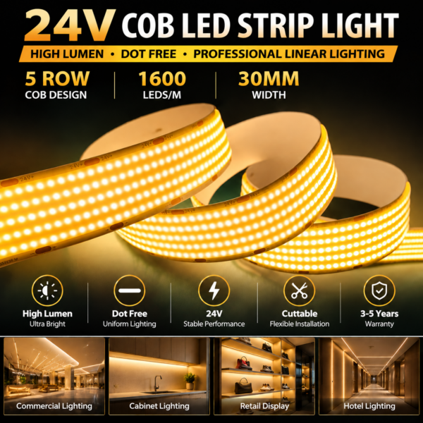 High Lumen 24V COB LED Strip Light 1600 LEDs/M 5 Row Ultra Bright High Density Dot Free LED Tape Light for Commercial Linear
