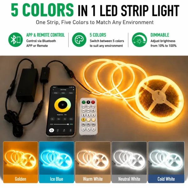 LED Strip Light Kit with LED Power Supply and Controller 5-in-1 Color Changing RGB Tunable White LED Strips for Home Lighting