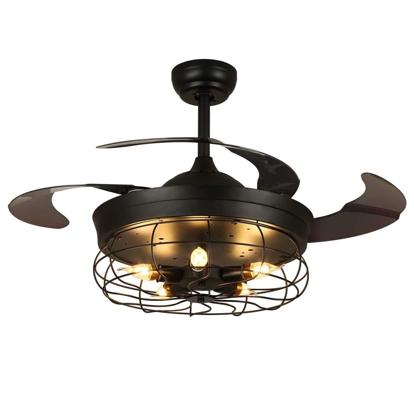 42" Retractable Blades Industrial Retro Ceiling Fans with Lights and Remote Vintage Caged Chandelier Fans Invisible Fan Light