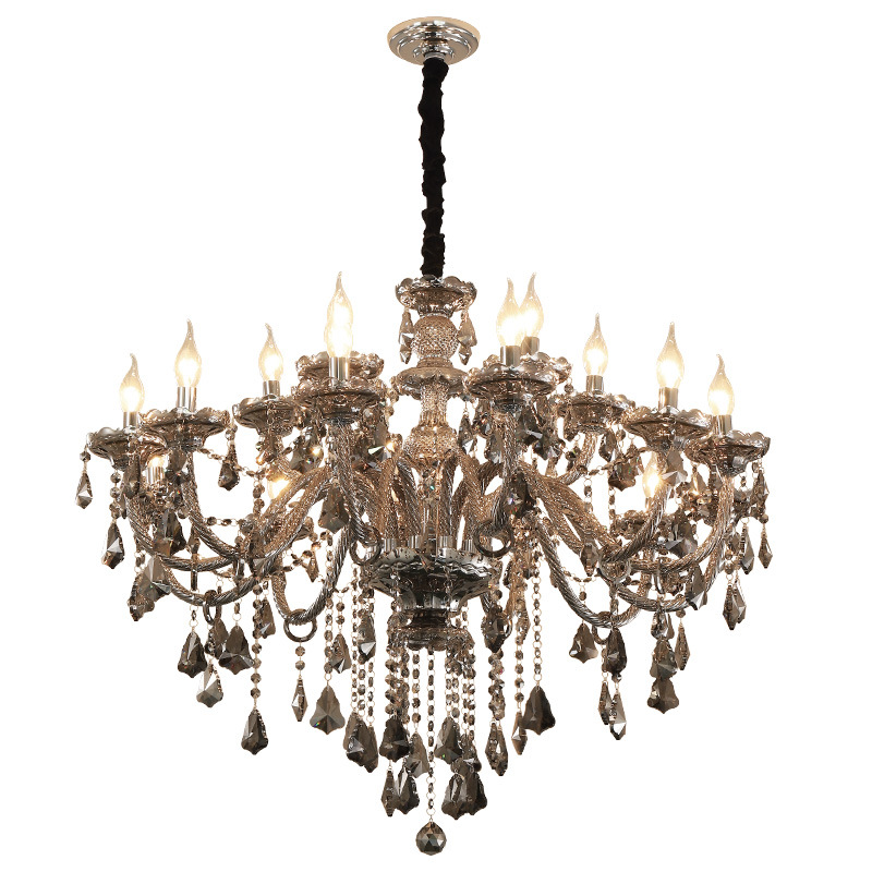 Modern Elegant Smoke Gray Crystal Chandelier Bedroom 18 Arms Candle Chandelier for Living Room