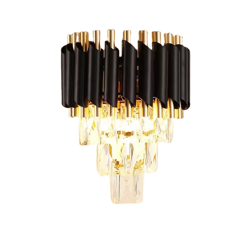3 Tiers Crystal Wall Lamp Black and Gold Wall Sconce Lighting Fixture Modern Wall Mount Bedside Lamp