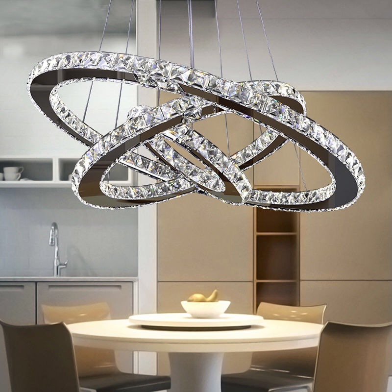Luxury K9 Crystal 3 Rings Circle LED Stainless Steel Frame Pendant Light Chandelier