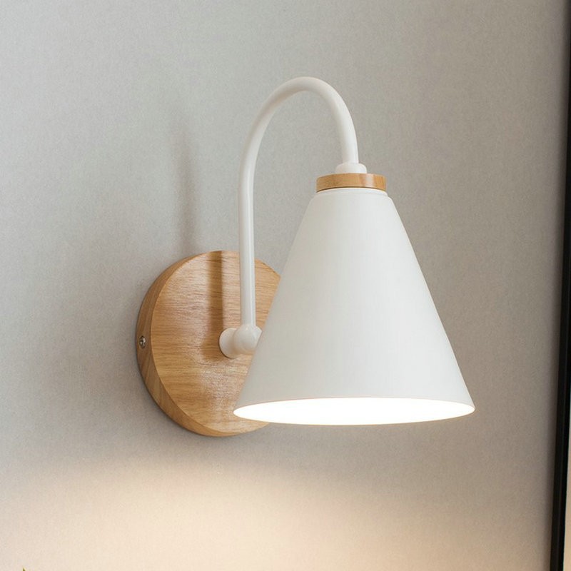 Nordic Iron Lampshade Wood Wooden Base Wall Sconce Bedroom Metal Bedside Wall Lamp