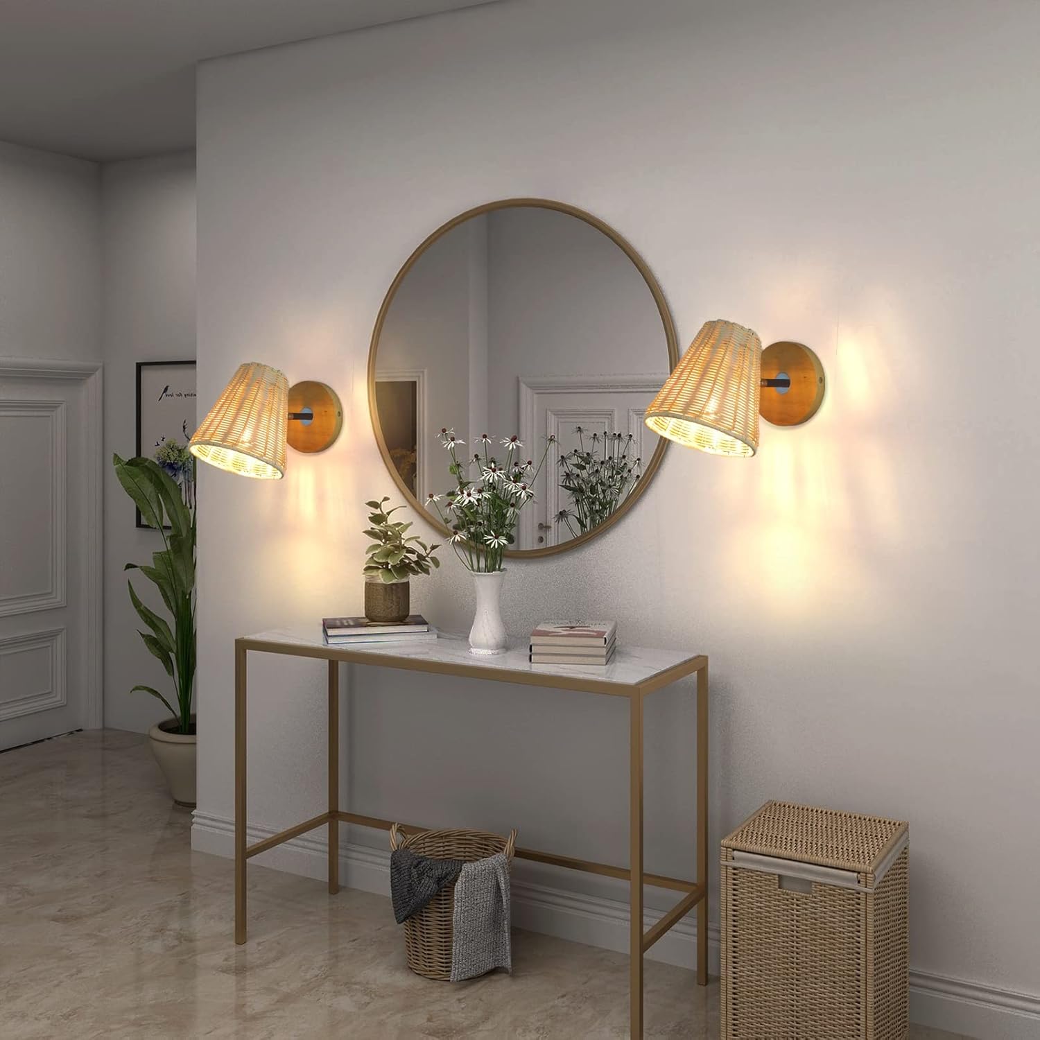 Bamboo Lantern Wall Sconces Wicker Cord Hand Woven Light Farmhouse Rustic  Living Room Bedroom Sconces Wall Lighting Lamp