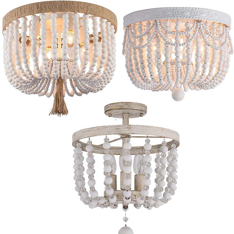 Dining Nursery Room Bedroom Hallway Entryway Passway Wood Beaded Flush Mount Ceiling Light Rustic Chandelier Boho Light Fixture