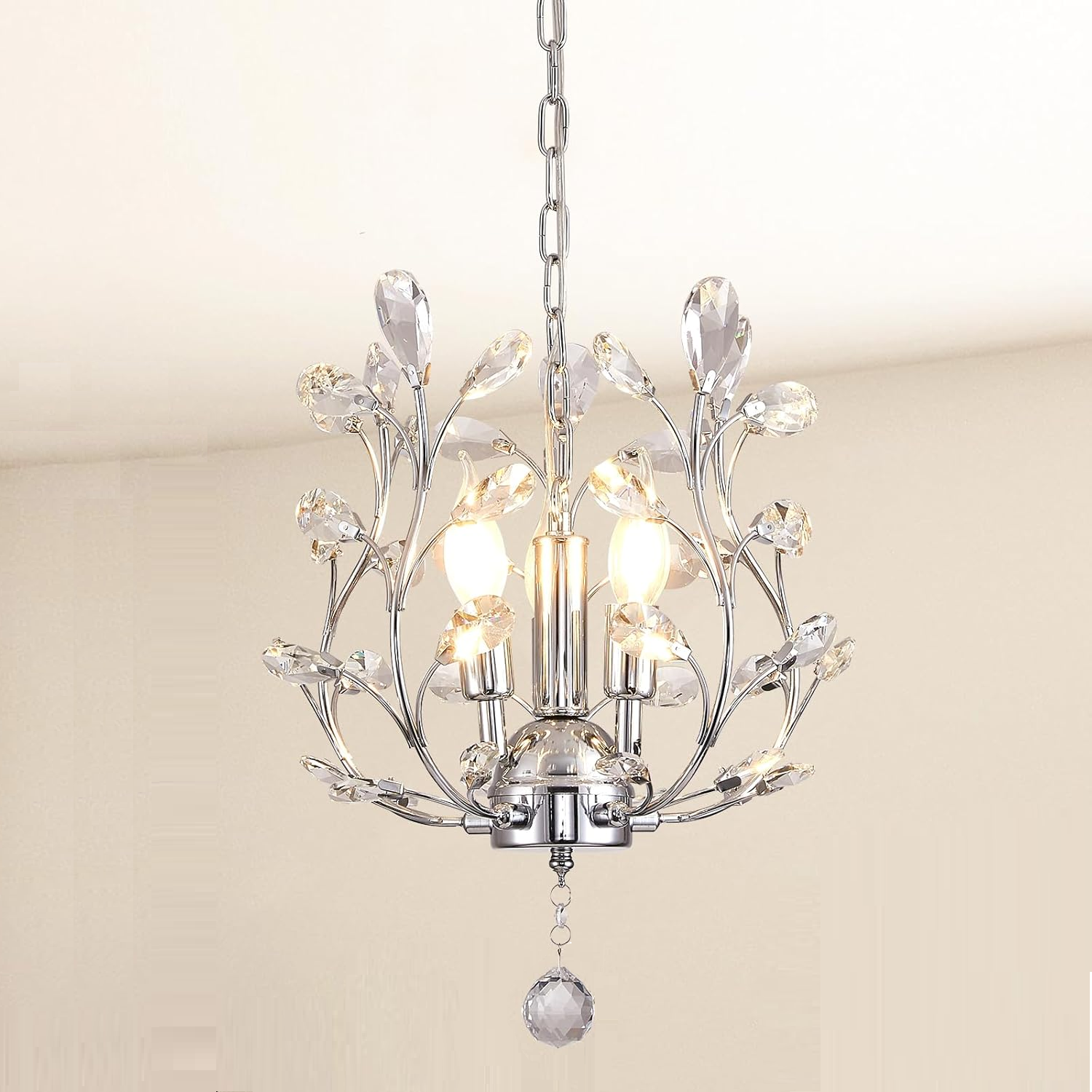 3-Light Branch Crystal Chandelier, Small Flush Mount Vintage Pendant Hanging Lighting K9 Crystal Farmhouse Ceiling Light