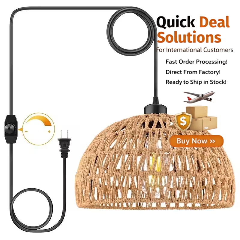 Large Round Coastal Beach Pendant Lamp, Hand Woven Iron Rope Adjustable Height for Home Bar