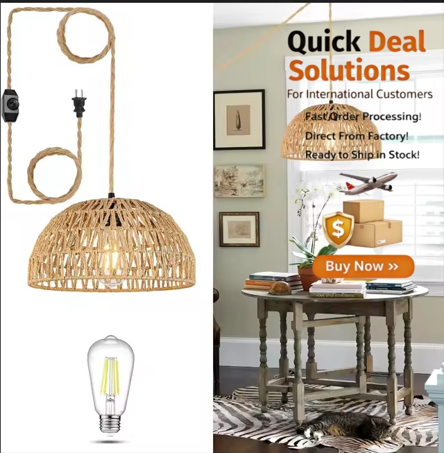 American Retro Style E27 Pendant Light, Pastoral Paper Rope Woven Hemp With Remote Control