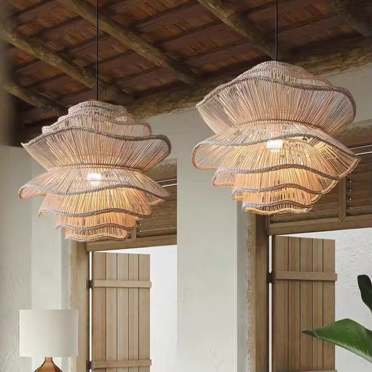 Creative Handmade Rattan Hanging Lamps Vintage LED Light for Bedroom Guest Room Dining Room Decor