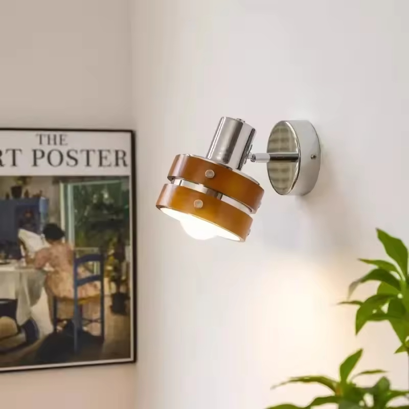 France Vintage Rotatable LED Wall Light, Wooden Metal Bedside Lamp for Bedroom Home Decoration