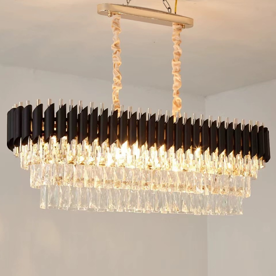 Modern Crystal Chandeliers 350mmX800mm Black Chandelier Retangular Crystal Pendant Light 3-Tier Modern Chandelier Ceiling Lights