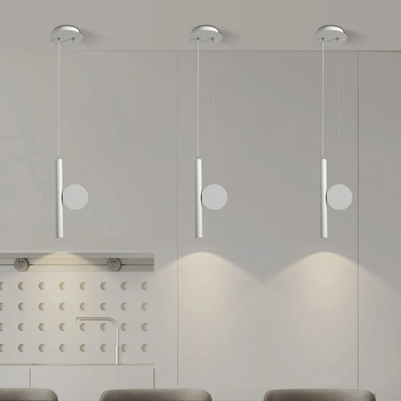 Minimalist Metal Bedside Pendant Lamp Adjustable Bar Counter Bedroom Lighting Black White Finish Three-color Lighting