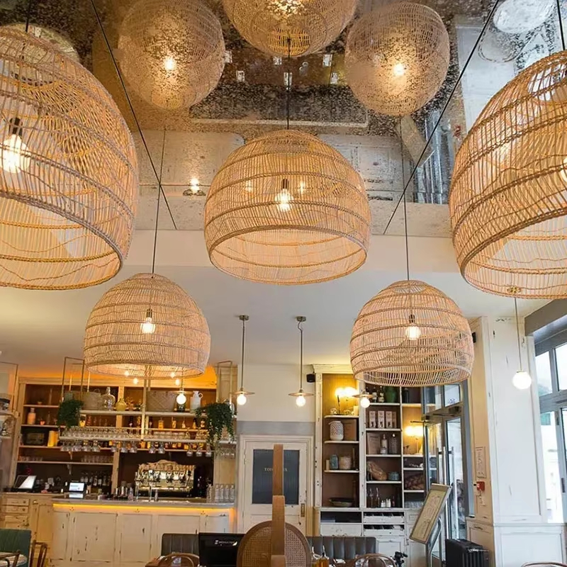 Wicker Cloche Pendant Lamps Vintage Style Handmade Rattan Light Home Decor Living Room Cafe Kitchen Island Hanging Lamps