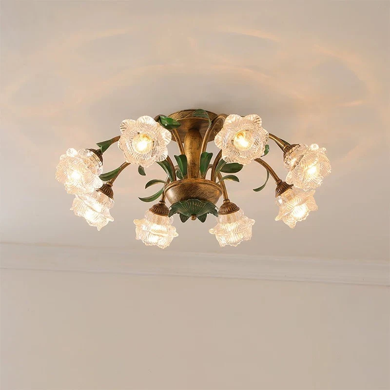 French Vintage Glass Flower Ceiling Light Cottagecore Flush Mount Chandelier