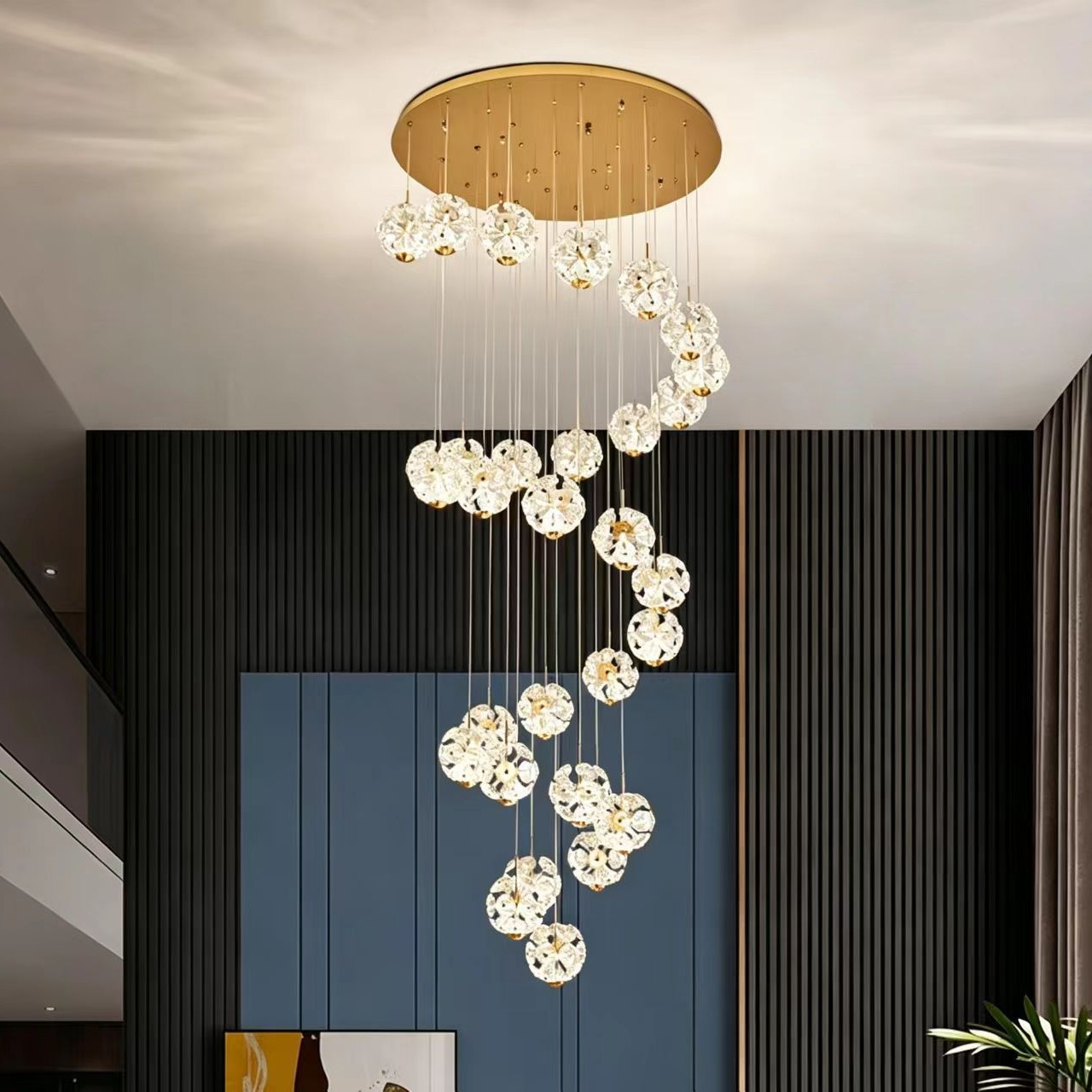 30-light golden duplex staircase high-ceiling spiral chandelier for villa living room.