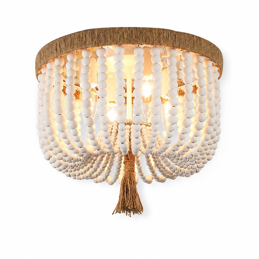Minimalist Rustic Style Wood Beads Semi-recessed Flush Mount IP33 CE Certificated Bedroom Balcony Wooden Bead Ceiling Light