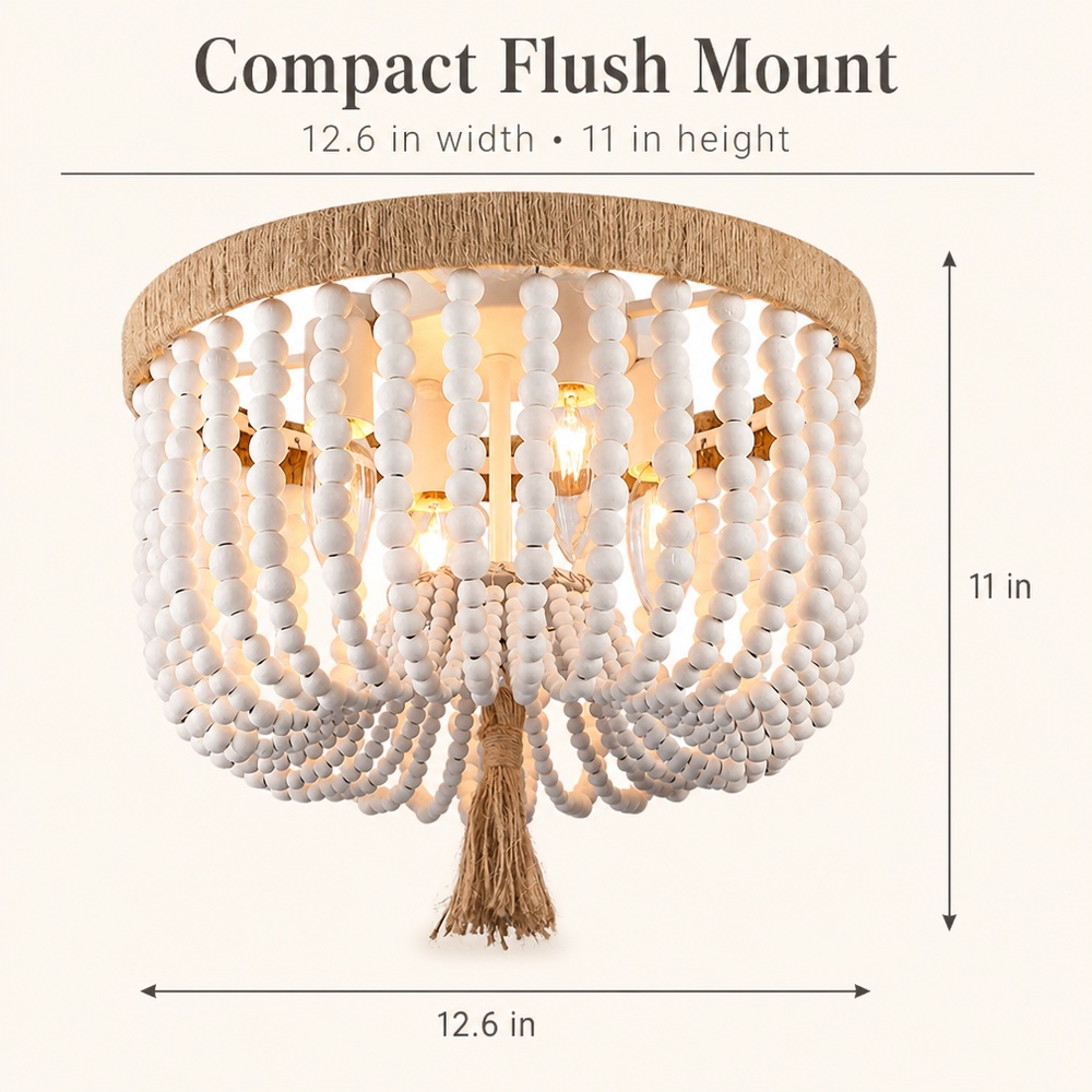 Handmade Boho Chic 320mm Iron Art Nursery Child Room Decorative Semi-recessed Warm Lighting Fixture Wooden Bead Ceiling Light