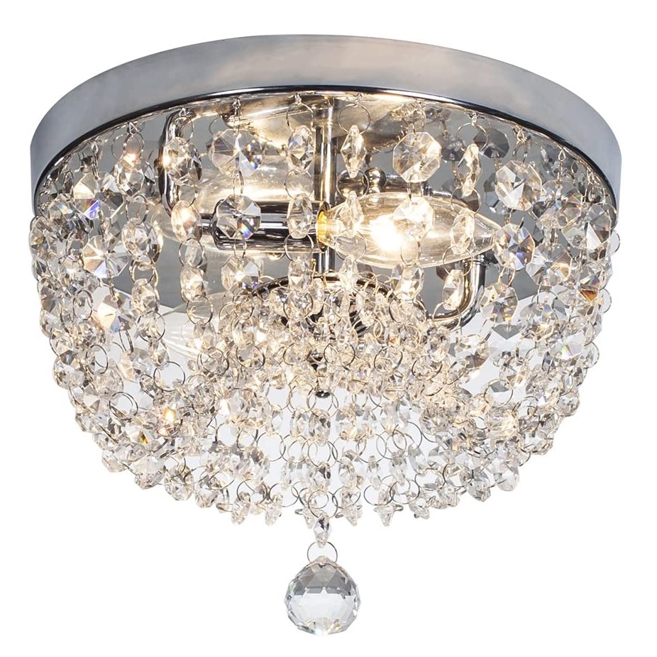 Dimmable LED Modern Roundness Glass Shade K9 Crystal Bead Ceiling Flush Mount Polished Chrome Light