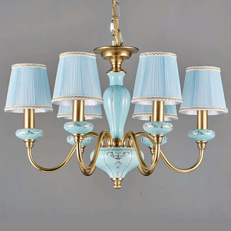 New 6 Lights Fabric Shade Pendant Light Ceramic French Chandelier