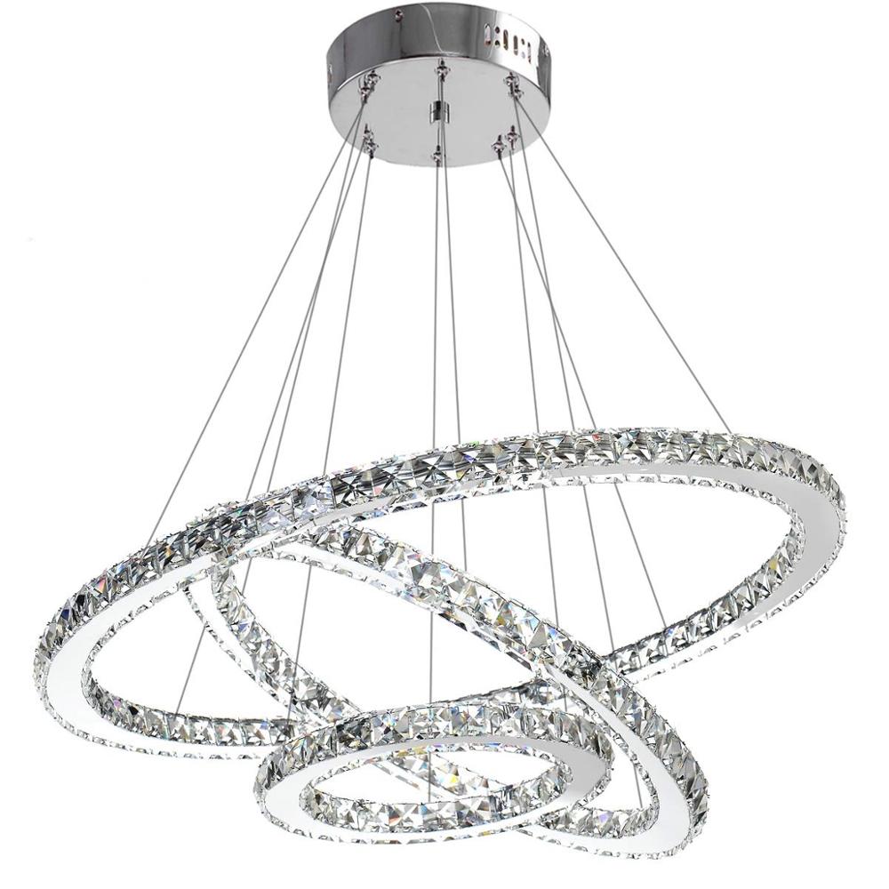 Crystal Modern LED Ceiling Fixtures Dining Room Pendant Lights Contemporary 3 Rings Adjustable Stainless Steel Chandelier