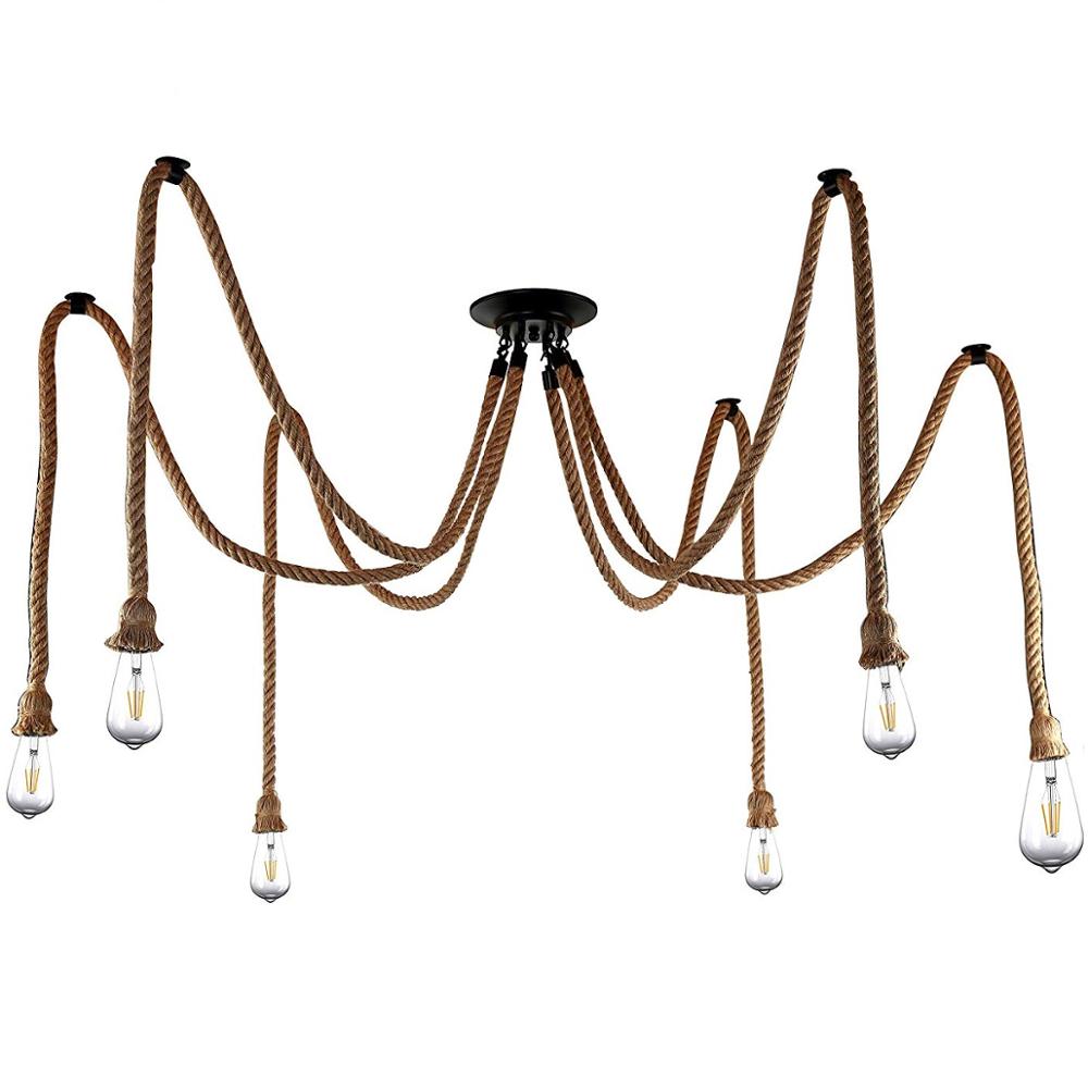 6 Heads American Country Retro Industrial Hemp Rope Chandelier Living Room Restaurant Pendant Lights